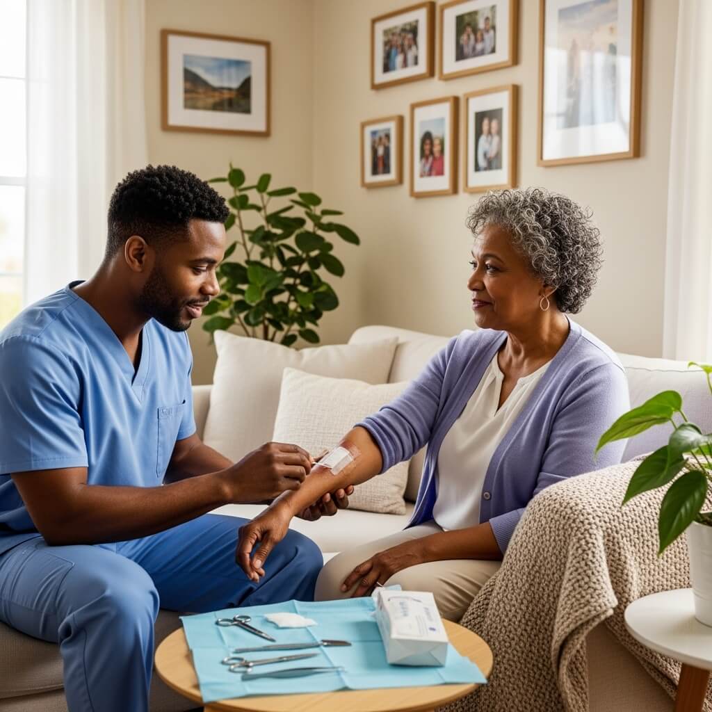 man helping his mother win Mohs surgery recovery